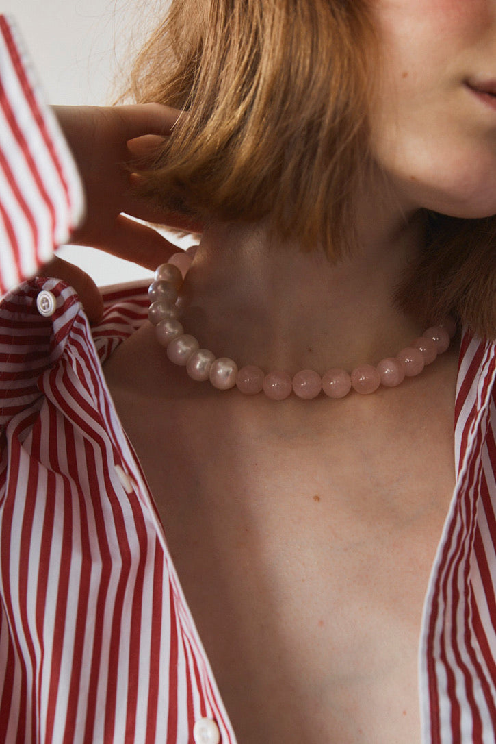 【TRACY】PINK QUARTZ x BAROQUE PEARL CHOKER
